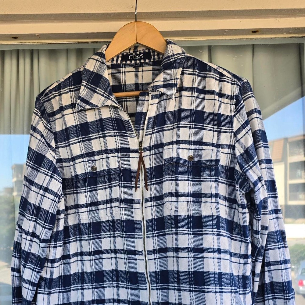 Chaps Unisex Adults L Blue White Plaid Cotton Flannel Zip Front Button Up